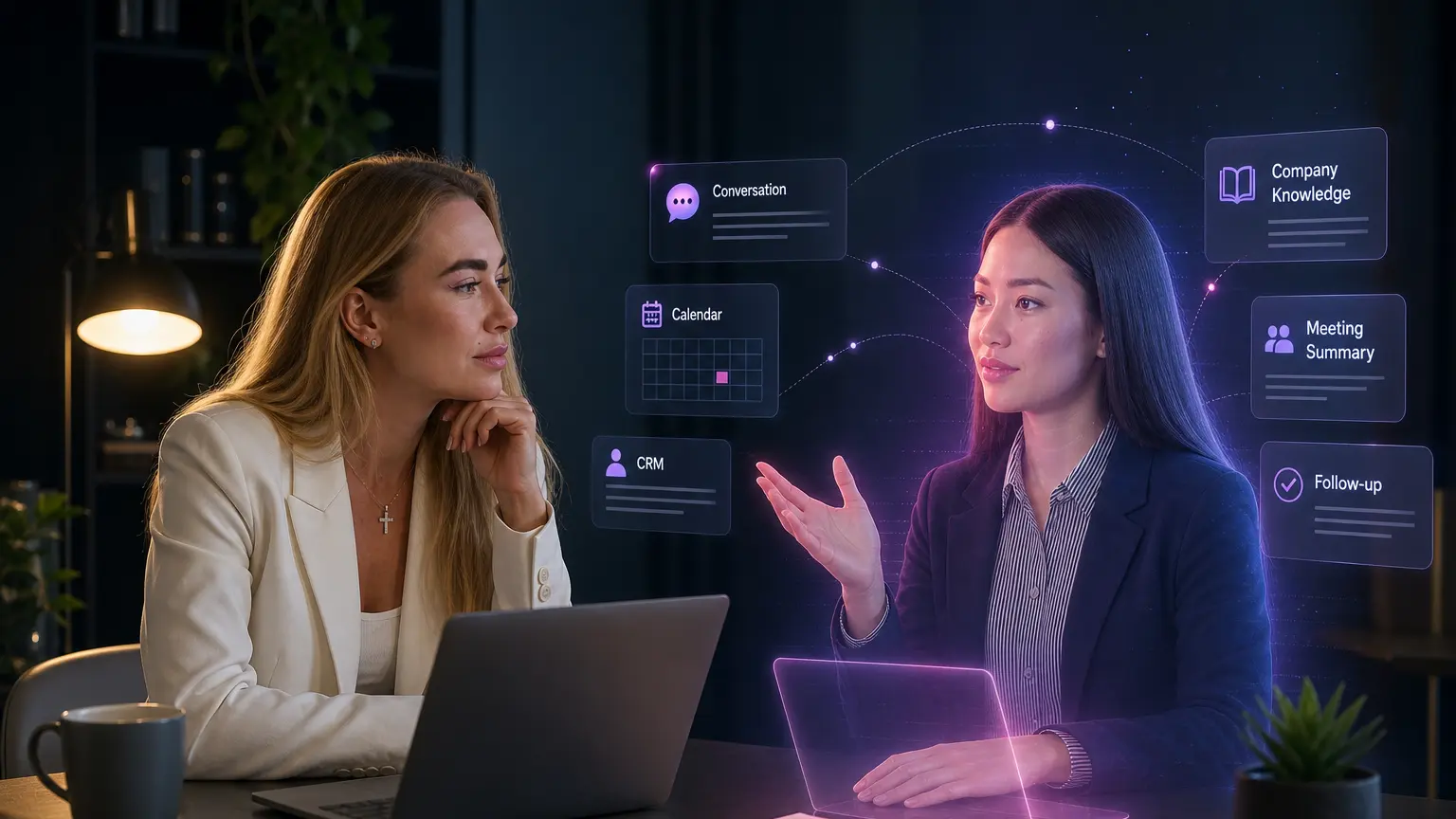 An AI twin in a business conversation with calendar and conversation panels around it