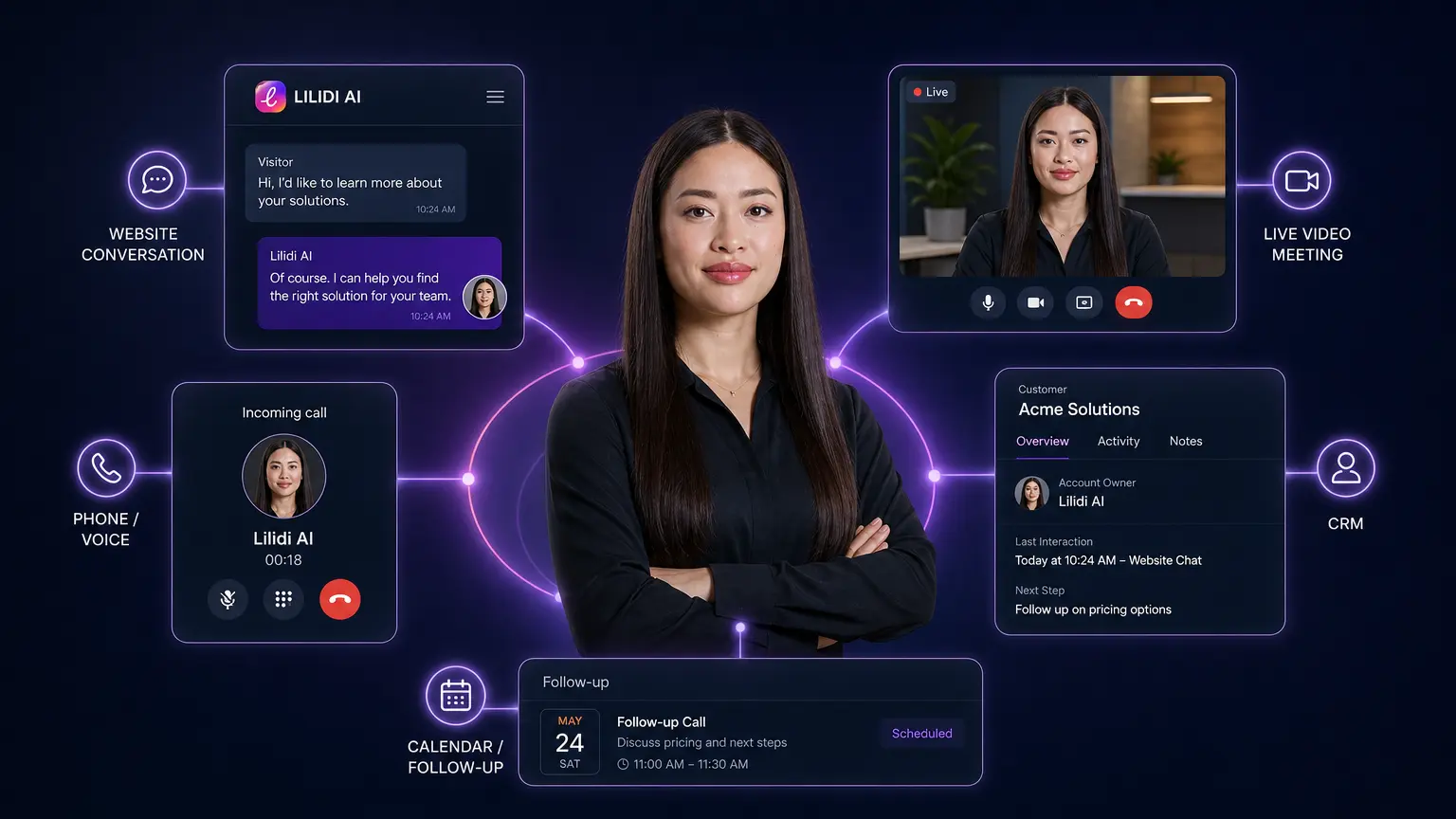 A Lilidi Twin presenter surrounded by channel panels for the web, video calls, chat and email.