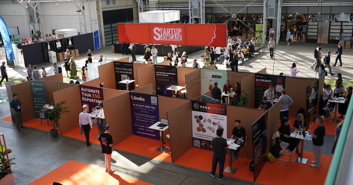 The TechBBQ 2026 Startup Showcase floor at Bella Center Copenhagen seen from above.