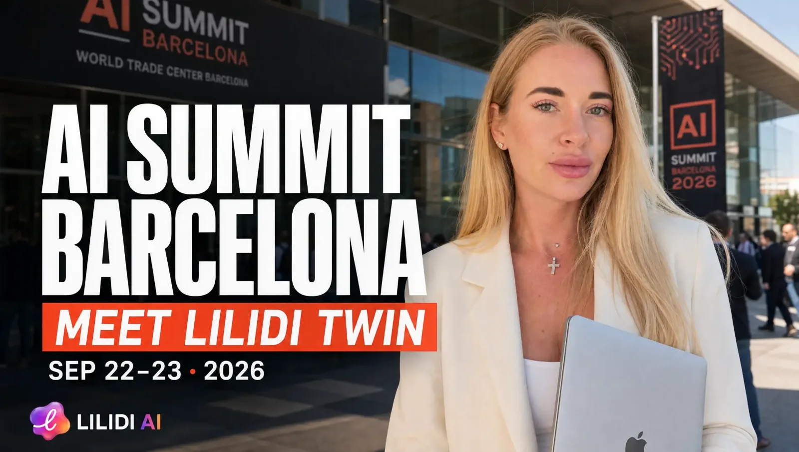 AI Summit Barcelona 2026 cover reading Meet Lilidi Twin, with Tetiana Stepanets outside World Trade Center Barcelona.