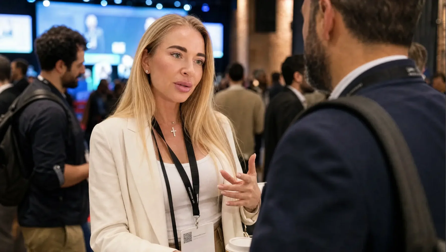 Tetiana Stepanets in conversation at an AI conference