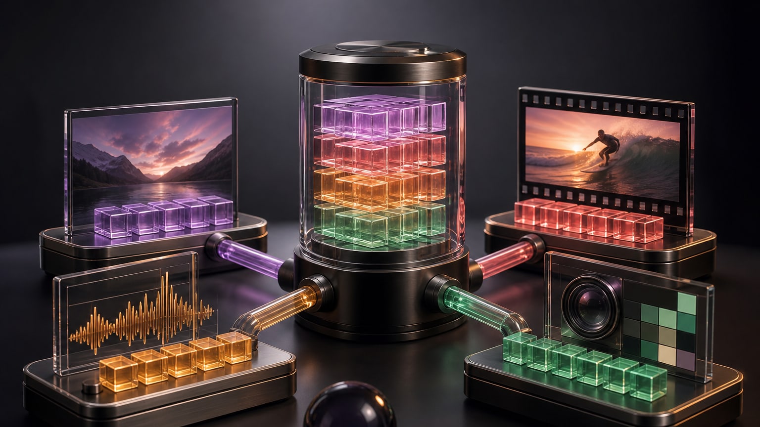 A glass cylinder stacked with coloured cubes feeding tubes into audio, image, video and colour-swatch modules.