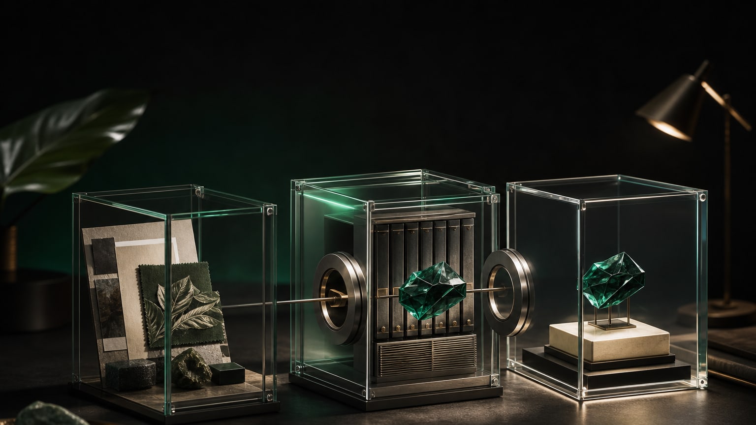 Three sealed glass display cases on a desk, one holding fabric swatches, one a locked metal drum and one a green gemstone.