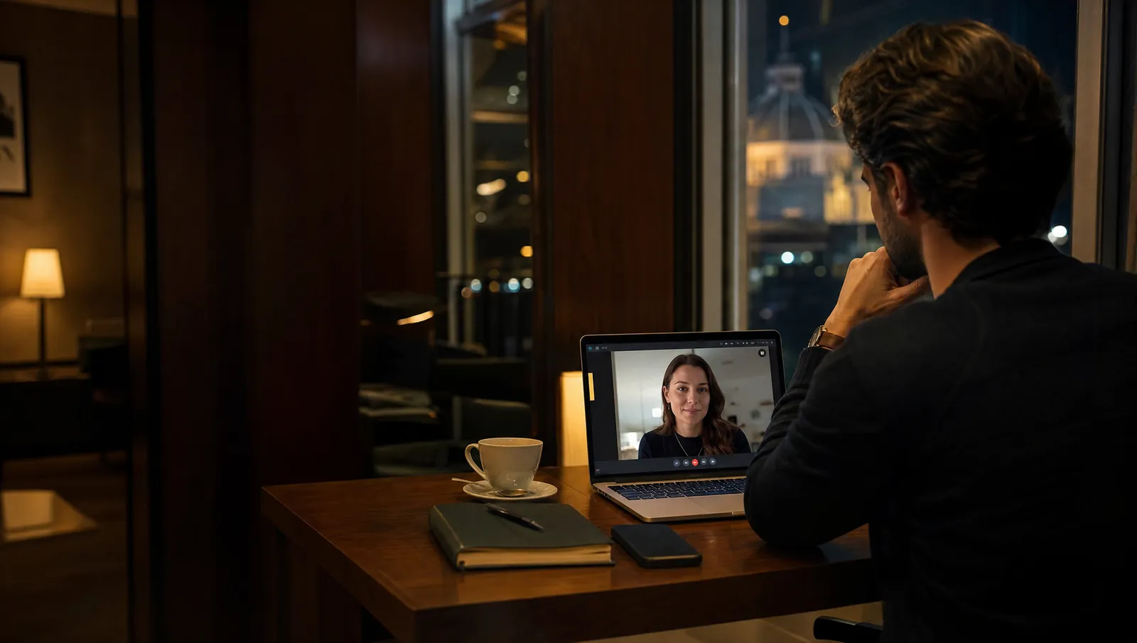 A man on a late evening video call with an AI employee on his laptop