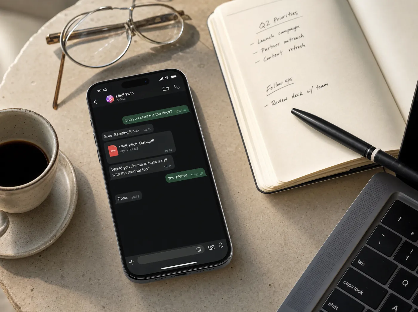 Phone showing a Lilidi Twin chat: the customer asks for the deck, the Twin sends the PDF and books a call with the founder