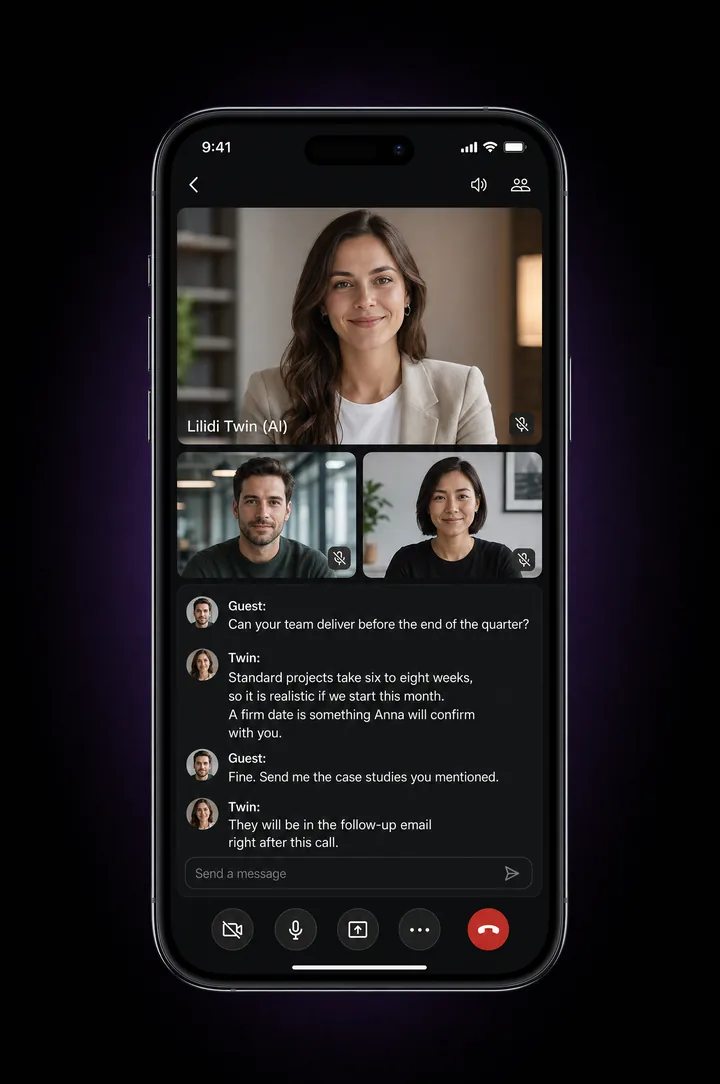 Example online meetings and demos conversation with Lilidi Twin on a phone