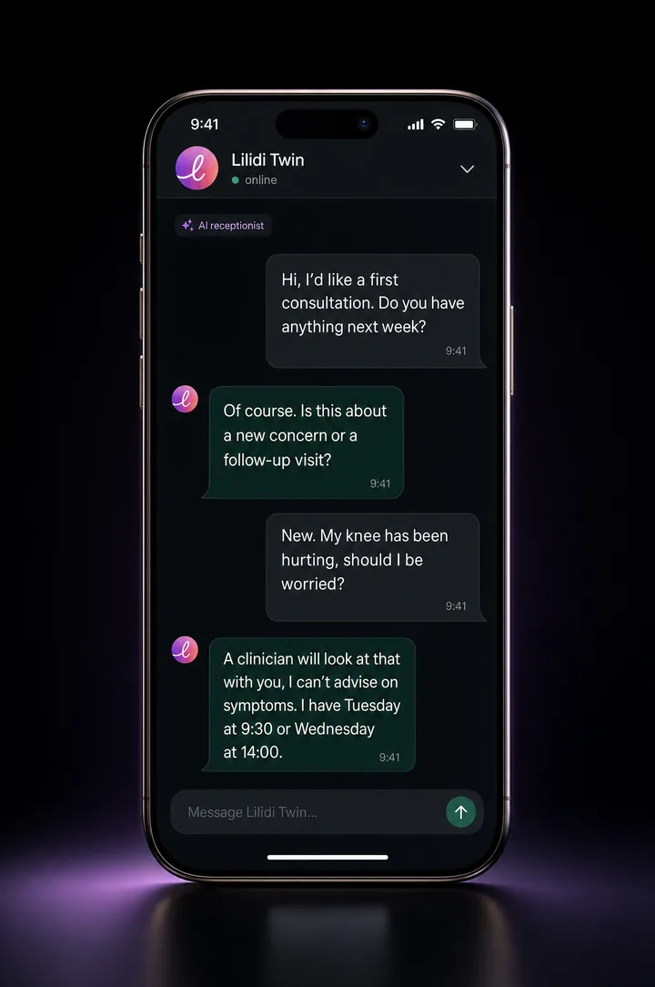 Example reception and clinic intake conversation with Lilidi Twin on a phone