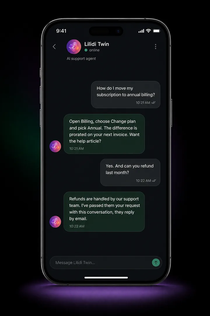 Example customer support conversation with Lilidi Twin on a phone