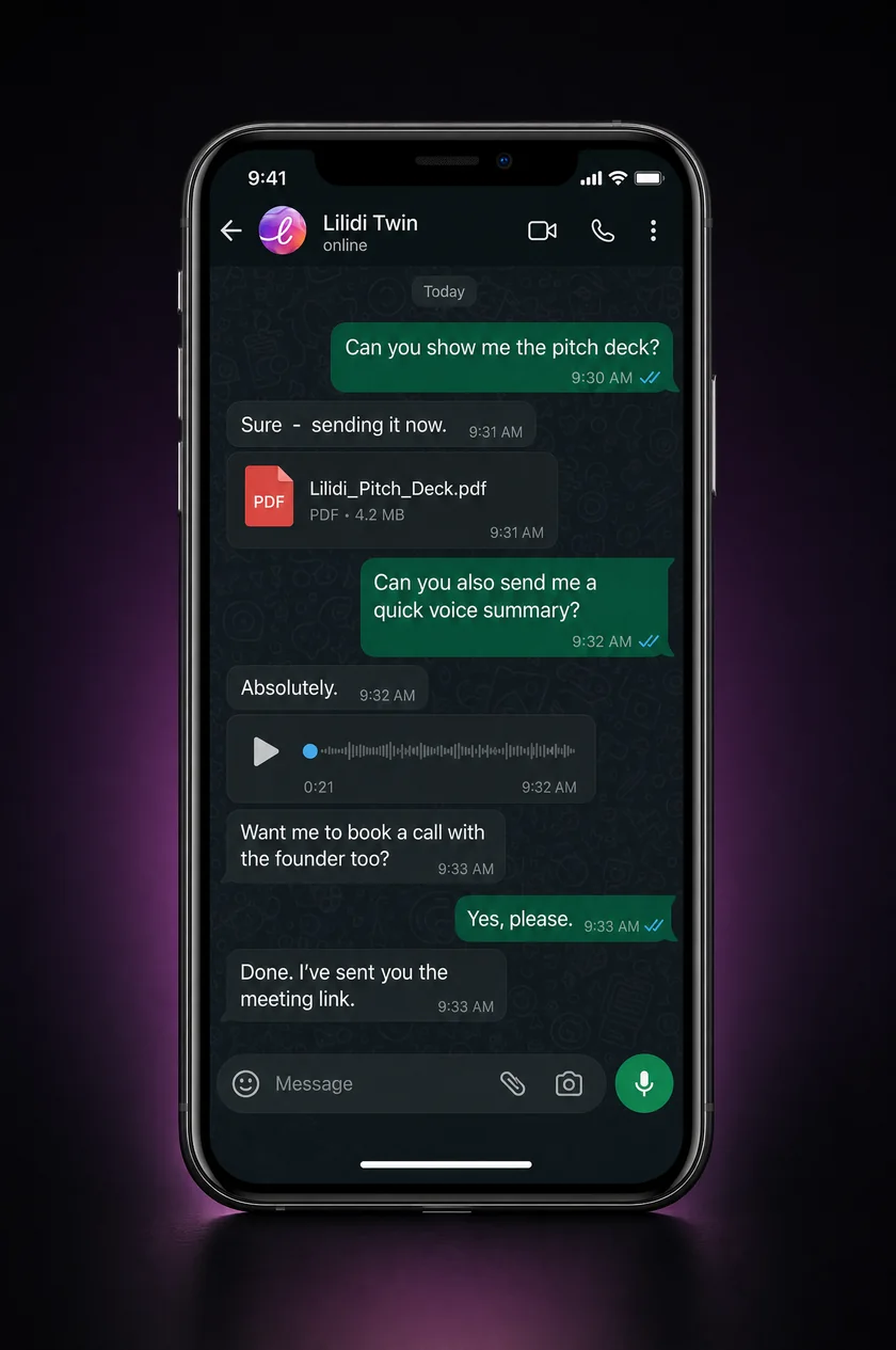 Lilidi Twin on WhatsApp sending the pitch deck, a voice summary and a meeting link