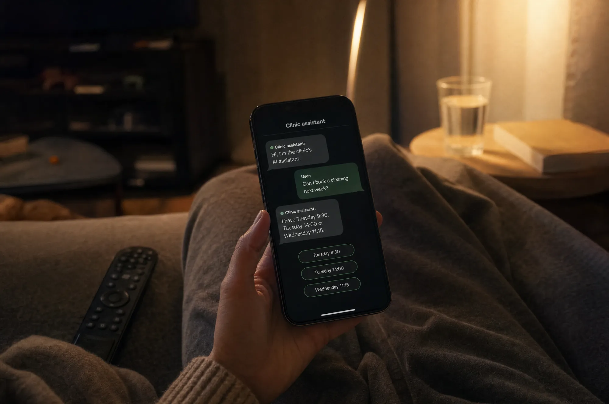 Phone at night showing a clinic assistant chat: the AI introduces itself and offers Tuesday 9:30, Tuesday 14:00 or Wednesday 11:15 for a cleaning