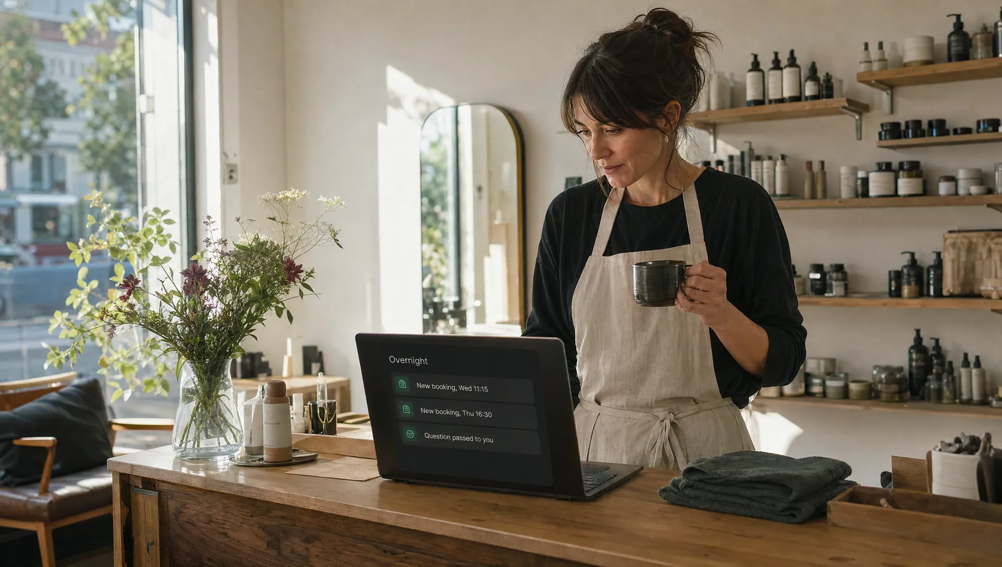 Beauty studio owner with a coffee reading an Overnight card on her laptop: two new bookings and one question passed to her