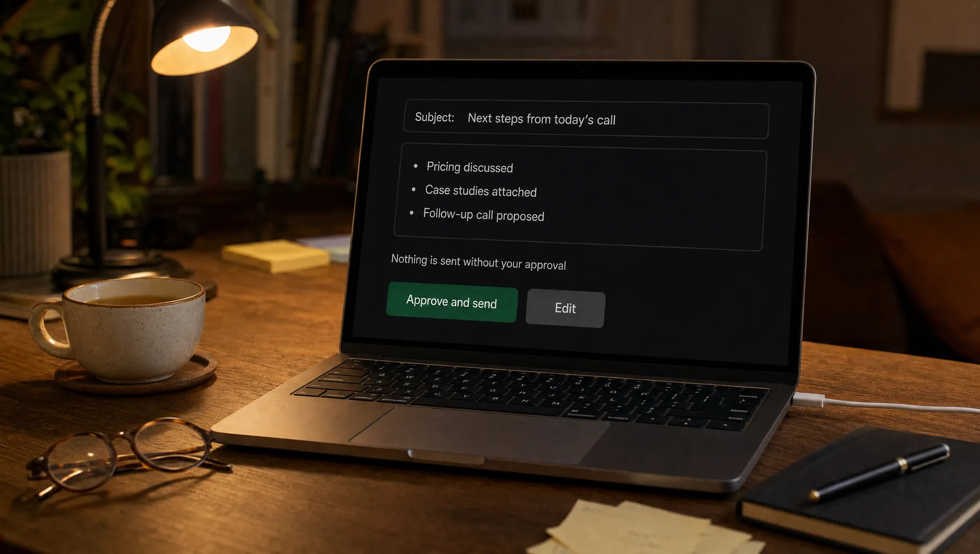 Laptop showing a follow-up email draft titled Next steps from today's call, with Approve and send and Edit buttons and the line Nothing is sent without your approval