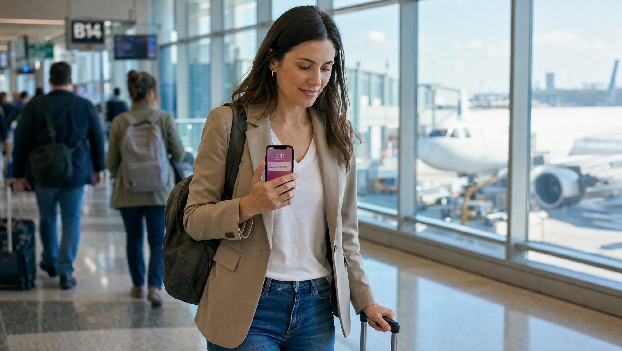Woman with a carry-on bag walking through a bright airport terminal, glancing at a notification on her phone