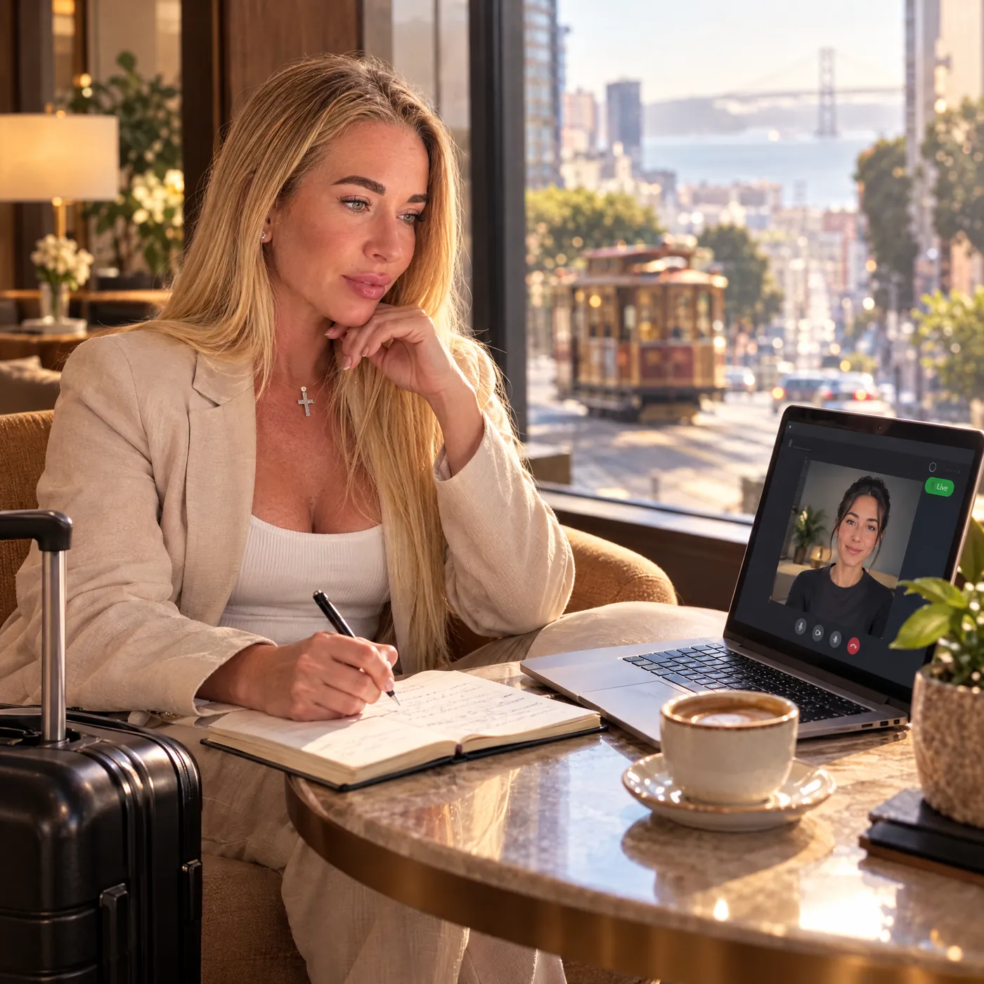 Illustration: Tetiana Stepanets in a San Francisco hotel lobby, taking notes next to a laptop with a live Lilidi Twin on screen and a cable car outside
