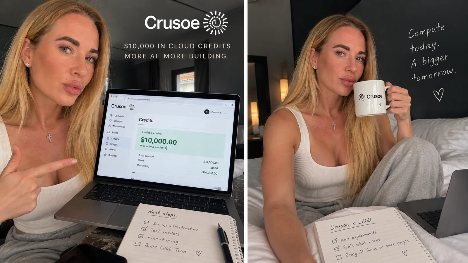 Tetiana Stepanets, founder of Lilidi AI, with $10,000 in Crusoe Cloud credits on her laptop, a Crusoe mug and a Crusoe x Lilidi plan: run experiments, scale what works, bring AI Twins to more people